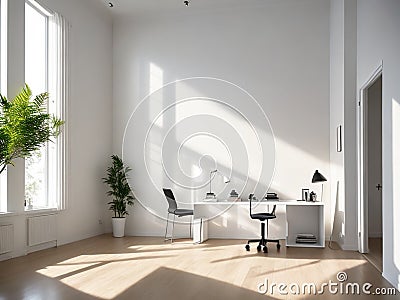 White color scheme of the office room reflects cleanliness and simplicity promoting a sense of clarity and organization. Stock Photo