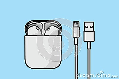White Color Wireless Headphones in headphone box vector illustration. Recreation technology objects icon concept. Headphones box w Vector Illustration