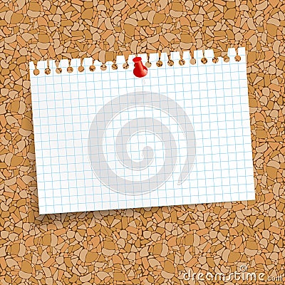 White colored checkered scrap of paper with pin needle. Vector Illustration