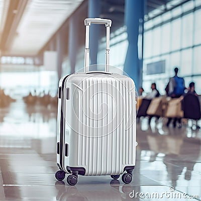 White colored traveler suitcase in the airport departure Generative AI Stock Photo