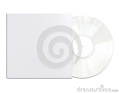 White Colored Vinyl Disc Mock Up. Modern LP Vinyl Record with White Cover Sleeve and White Label Isolated on White Background. Stock Photo