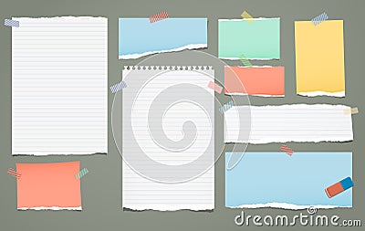 White and colorful lined torn note, notebook paper pieces for text stuck with sticky tape on green background. Vector Vector Illustration