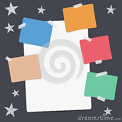 White and colorful note, notebook, copybook paper sheets, stuck with sticky tape, stars on black background. Vector Illustration