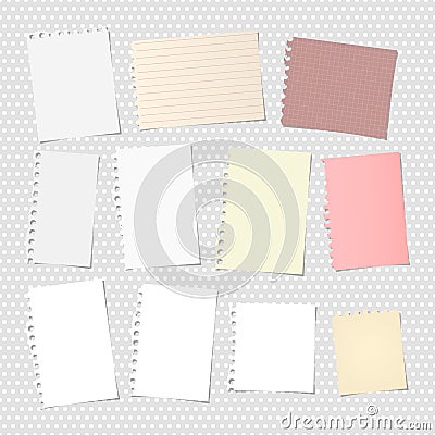 White and colorful ripped notebook, copybook sheets stuck on grey dotted pattern. Vector Illustration