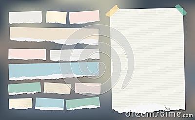 White and colorful ripped striped paper, notebook sheet for note or message stuck with sticky tape. Vector Illustration