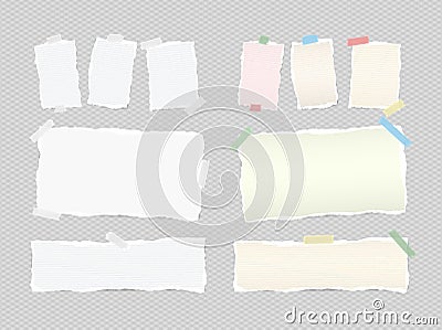 White and colorful, ruled, blank note, notebook, copybook sheets, strips stuck with sticky tape on squared grey Vector Illustration