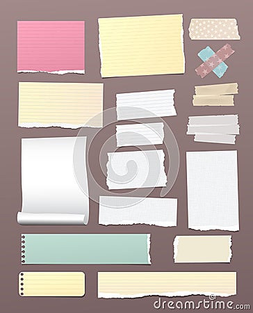 White and colorful torn, lined, and squared note, notebook paper with adhesive, sticky tape on brown background. Vector Illustration