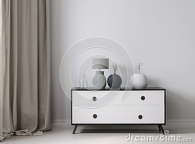 White commode with table lamp in bright minimalism interior style Stock Photo