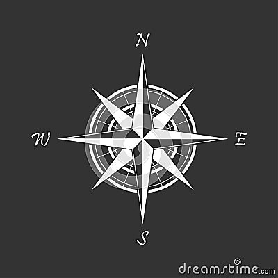 White compass icon on a black background. Marine navigation. Sign for adventure map Vector Illustration