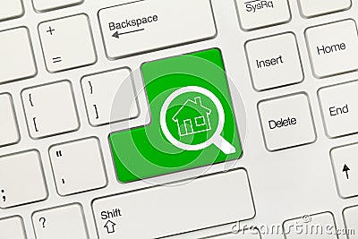 White conceptual keyboard - Search green key with loupe and home symbols Stock Photo