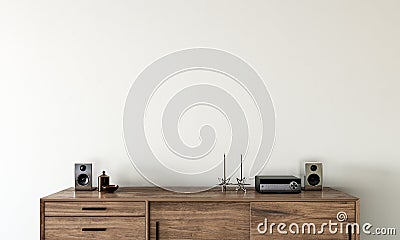 white concrete mock-up wall with wooden console and decoration, modern interior, negative copy space above Cartoon Illustration