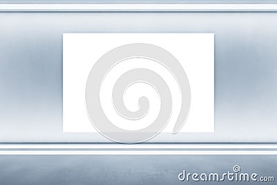 White concrete wall with a blank white poster, artificially lit, empty room, interior advertisement concept. Mock up Stock Photo