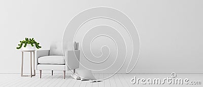 White concrete wall with white modern furniture, minimal interior design, 3d render Cartoon Illustration