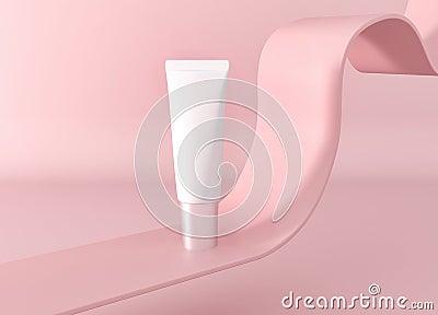 White Container tube - package template. Pink pastel advertising poster. Cosmetic cream - moisturizing Cartoon Illustration