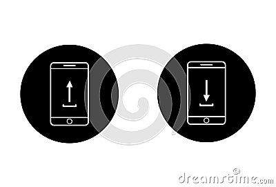 White contour of a smartphone with an image of an arrow pointing Stock Photo