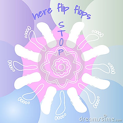 White contours of flip flops and footprint. Summer round white mandala. Soft blue and pink gradient liquid color forms background. Vector Illustration