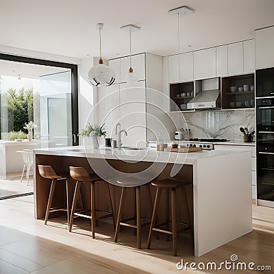 White cooking interior with bar chairs and countertop hardwood floor Cupboard and kitchenware on deck Modern kitchen with Stock Photo