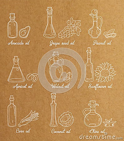 9 white cooking oils in vintage sepia style Vector Illustration