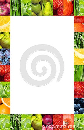 White copy space framed by many closeups of fruits and vegetables Stock Photo