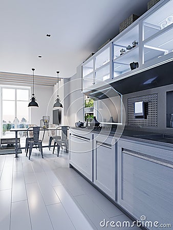 White corner kitchen in contemporary design with modern technological furniture Stock Photo