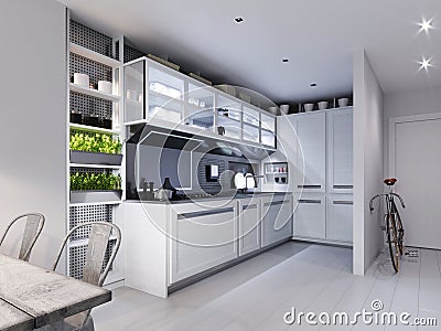 White corner kitchen in contemporary design with modern technological furniture Stock Photo