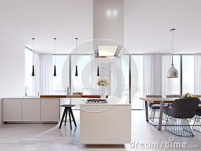 White corner kitchen in contemporary style, with bar top and black chairs. Suspended lamps and square hood, panoramic windows and Stock Photo