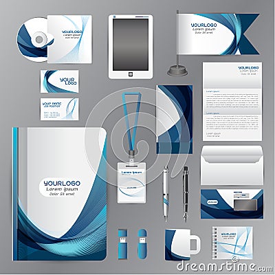 White corporate identity template with blue origami elements. Vector company style for brandbook guideline and Pens mugs CDs book Vector Illustration