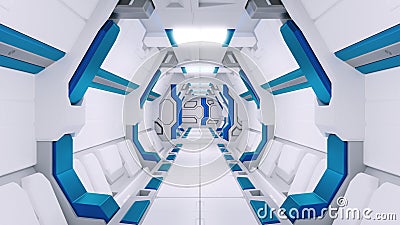 White Corridor of a spaceship with blue decor. sci-fi spacecraft 3d illustartions. Stock Photo