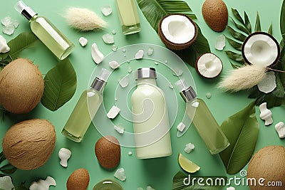 White cosmetic bottles, eucalyptus flowers, towels, soap on green background. Top view, flat lay. Natural organic beauty Stock Photo