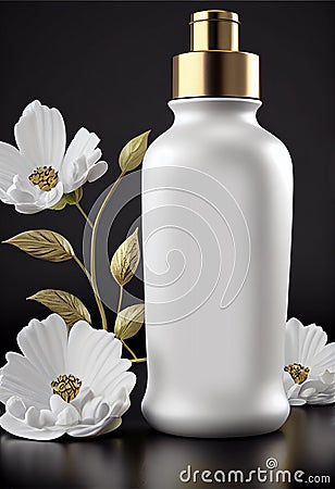 white cosmetic container, lotion bottle with golden cap and floral Stock Photo