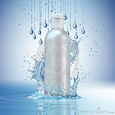 White cosmetic products with water splash on cyan background. Stock Photo