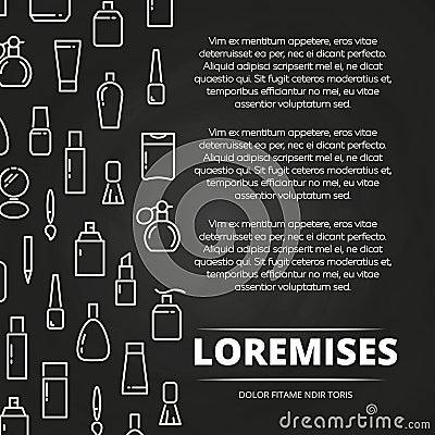 White cosmetics bottles and accessorises chalkboard poster Vector Illustration