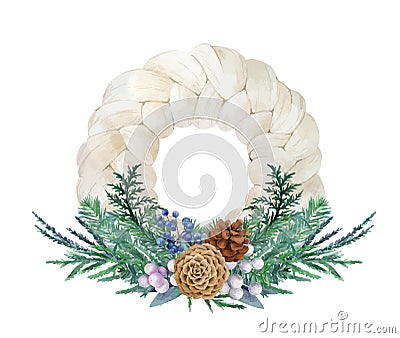 White cotton wreath with spruce bouquet. Christmas watercolor composition Vector Illustration