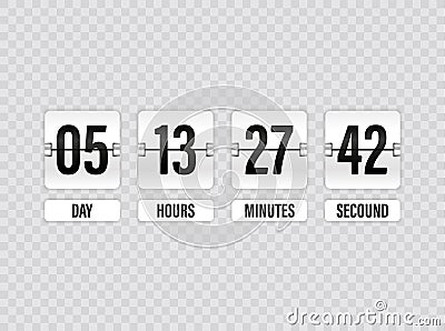 White Countdown timer with white numbers isolated on transparent background. Clock counter. Vector illustration template. Cartoon Illustration