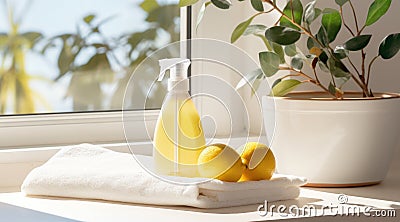 a white countertop with plants, a bottle of cleaning spray and a towel sitting in the corner Stock Photo