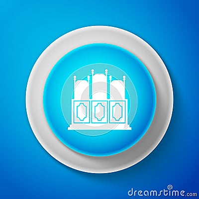 White Court`s room with table icon isolated on blue background. Chairs icon. Circle blue button with white line. Vector Vector Illustration