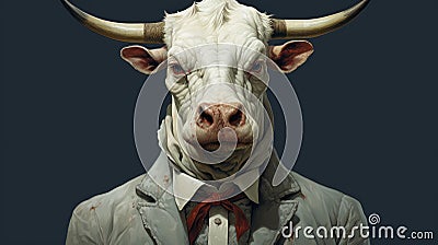 White Cow In A Suit: A Unique Mashup Of Styles Cartoon Illustration
