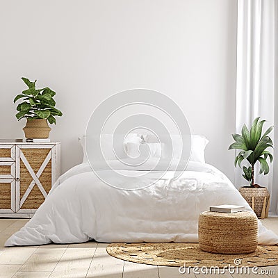 White cozy farmhouse bedroom interior, wall mockup Stock Photo