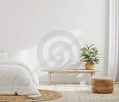 White cozy farmhouse bedroom interior, wall mockup Stock Photo