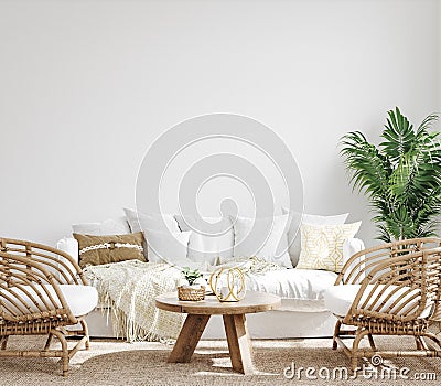 White cozy living room interior, Coastal Boho style Stock Photo