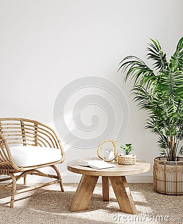 White cozy living room interior, Coastal Boho style Stock Photo