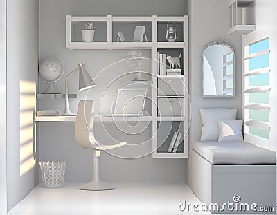 White cozy workplace 3D Cartoon Illustration