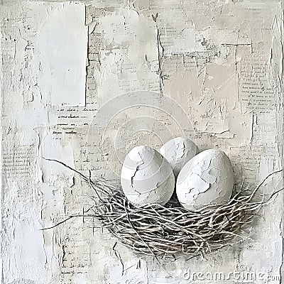 White cracked eggs in nest on script textured background. Easter rebirth and renewal concept Stock Photo