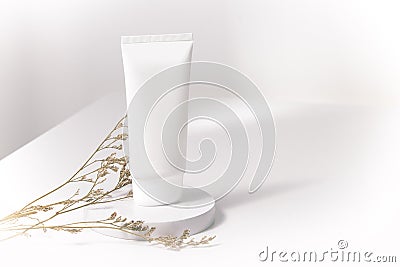White cream beauty lotion cosmetic package with flower dried Stock Photo