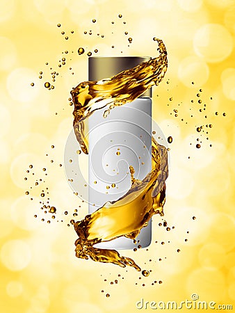 White cream bottle mock up of water splash golden color. Cartoon Illustration