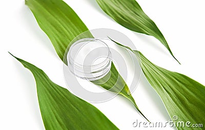 White cream bottle placed, Blank label package for mock up on a green foliage background. The concept of natural beauty products Stock Photo