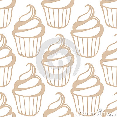 White cream cupcake seamless light beige pattern Vector Illustration