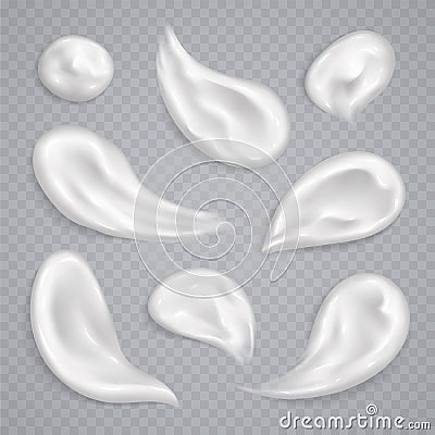 White cream smears collection isolated on transparent background. Moisturizing lotion, sunscreen strokes. Vector Illustration