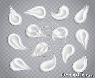 White cream smears collection isolated on transparent background. Moisturizing lotion, sunscreen strokes. Vector Illustration