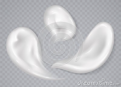 White cream smears collection isolated on transparent background. Moisturizing lotion, sunscreen strokes. Vector Illustration